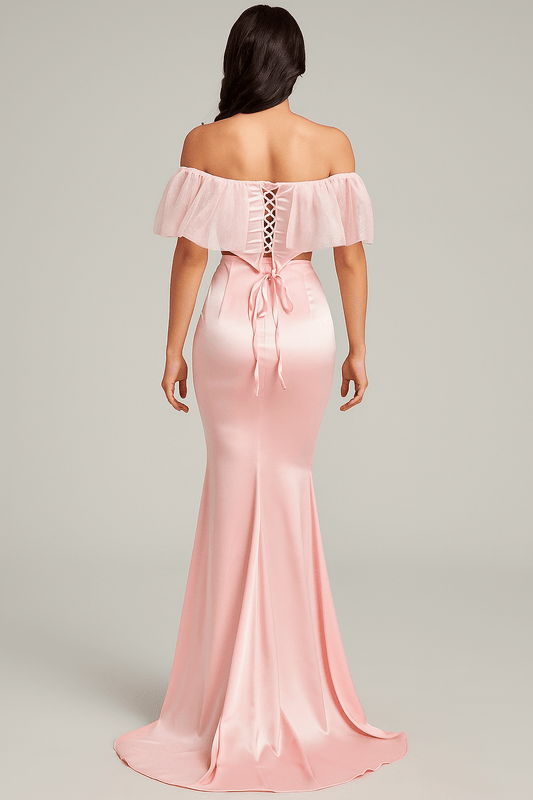 Pink Satin Off - Shoulder Mermaid Gown by Luxe Lane | mermaid gown from Luxe Lane | SKU: | Barcode: | Options: Pink XS | Pink Satin Off - Shoulder Mermaid Gown