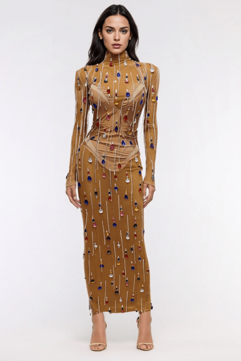 Rhinestone Fringe Mesh Performance Maxi Gown by Luxe Lane | Stage & Dancerwear from Luxe Lane | SKU: -1 | Barcode: | Options: Gold S | Luxury Women Evening Party Gown Birthday Dresses Elegant Mesh Multicolored Rhinestone Fringe Mesh Maxi Stage Performance Dress