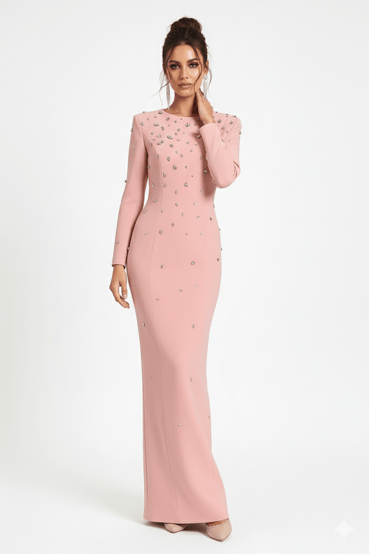 Rosabelle High - Neck Rhinestone Gown by Luxe Lane | from Luxe Lane | SKU: | Barcode: | Options: black S | side - angle view of Luxe Lane blush pink gown featuring crystal embellishments and long sleeves