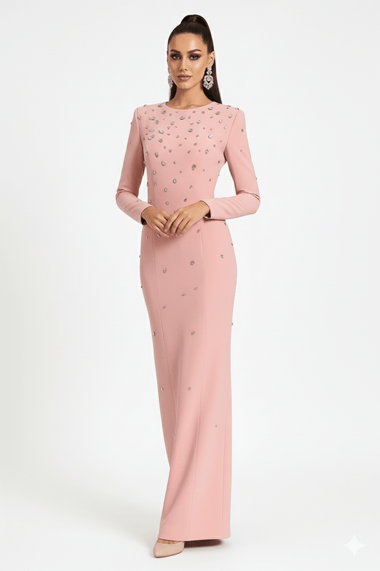 Rosabelle High - Neck Rhinestone Gown by Luxe Lane | from Luxe Lane | SKU: | Barcode: | Options: black S | front full - length view of Luxe Lane blush pink high - neck rhinestone gown with elegant fitted design