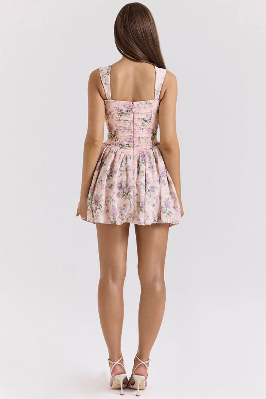 Ruched Floral Mini Dress by Luxe Lane | Mini gown from Luxe Lane | SKU: | Barcode: | Options: Pink XS | Ruched Floral Mini Dress