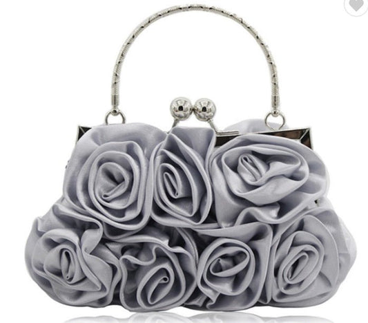 Satin Flower Evening Bag with Lock Closure by CJ | 0 from Luxe Lane | SKU: CJNS119314001AZ | Barcode: | Options: Black | Satin Flower Evening Bag with Lock Closure