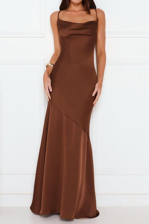 Satin Spaghetti Strap Mermaid Maxi Evening Dress by Luxe Lane | mermaid gown from Luxe Lane | SKU: -1 | Barcode: | Options: Brown XS(4) | OEM ODM Custom Brown Satin Womens Maxi Mermaid Dress Elegant Spaghetti Strap Evening Gown Party Formal Wear