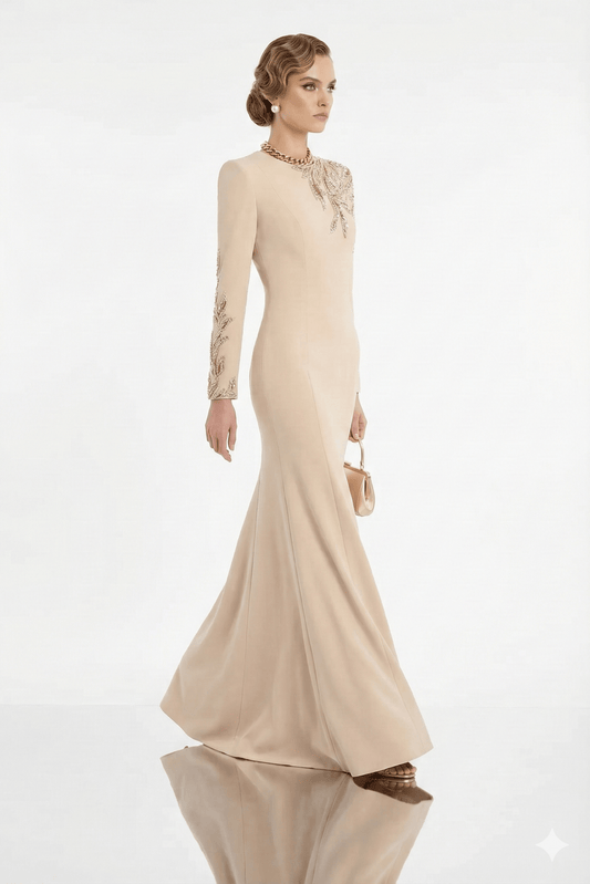 Sequin Embroidered Long Sleeve Maxi Gown by Shine | Party dresses from Luxe Lane | SKU: -1 | Barcode: | Options: Black S(6) | Woman wearing a beige evening gown with long sleeves and a fitted silhouette on a white background