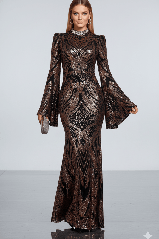 Sequin High - Neck Long - Sleeve Evening Gown by Shine | Party dresses from Luxe Lane | SKU: W11203-1 | Barcode: | Options: Black S(6) | Woman wearing a long, ornate dress with bell sleeves on a white background