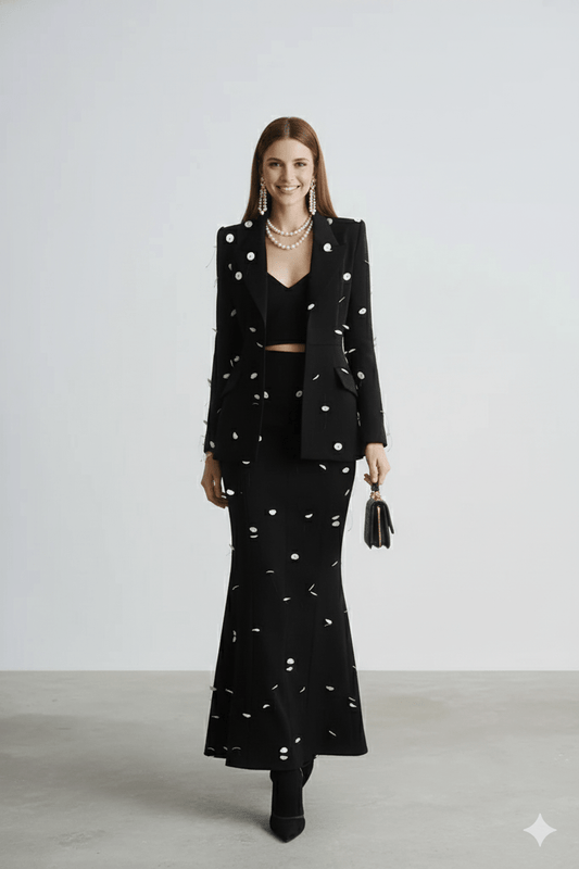 Sequin Polka Dot Blazer & Maxi Skirt Set by Luxe Lane | Skirts Suits from Luxe Lane | SKU: -1 | Barcode: | Options: Black white S(6) | Woman wearing a black outfit with white patterns on a plain background