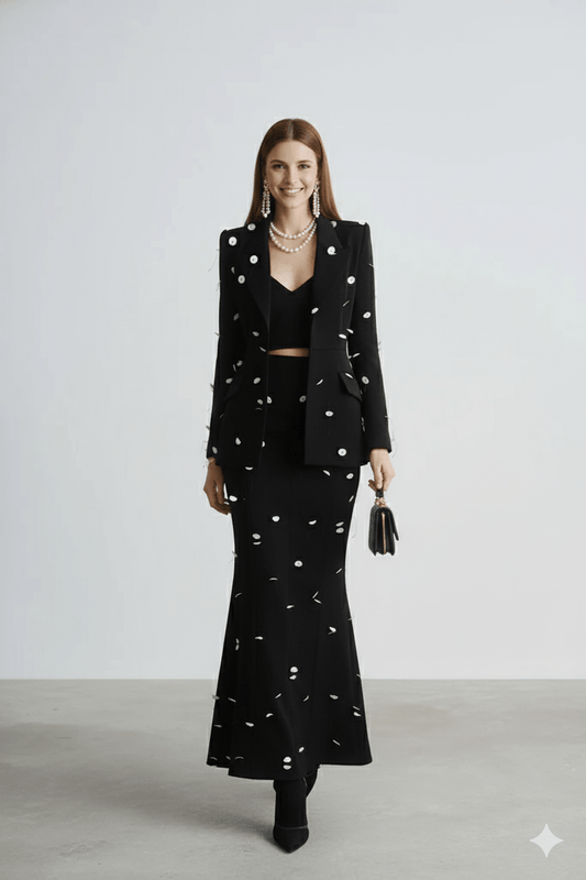 Sequin Polka Dot Blazer & Maxi Skirt Set by Luxe Lane | Skirts Suits from Luxe Lane | SKU: -1 | Barcode: | Options: Black white S(6) | Woman wearing a black outfit with white patterns on a plain background