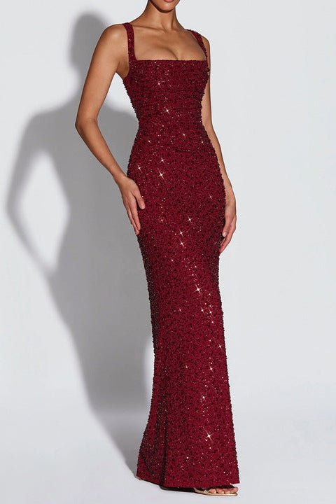 Sequin Square - Neck Sleeveless Bodycon Maxi Evening Dress by Luxe Lane | heath gown from Luxe Lane | SKU: -1 | Barcode: | Options: Black S(6) | OEM Wholesale Custom Sequin Square Neck Sleeveless Maxi Gown Elegant Bodycon Evening Formal Women Party Dress
