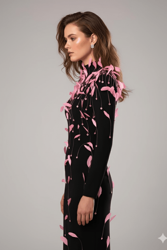 Seraphina High - Neck Feather Backless Gown by Luxe Lane | from Luxe Lane | SKU: | Barcode: | Options: Black S | Seraphina High - Neck Feather Backless Gown