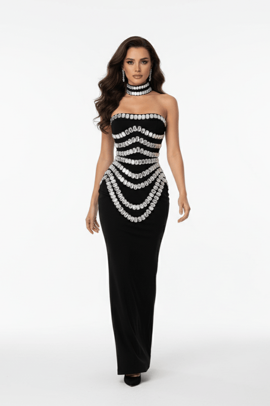 Seraphina Rhinestone Maxi Dress by Shine | Party Dress from Luxe Lane | SKU: | Barcode: | Options: White S | Seraphina Rhinestone Maxi Dress
