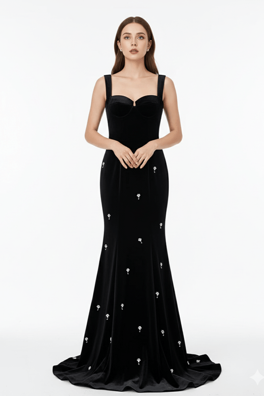 Seraphina Velvet Beaded Mermaid Gown by Luxe Lane | from Luxe Lane | SKU: | Barcode: | Options: Black S | Seraphina Velvet Beaded Mermaid Gown