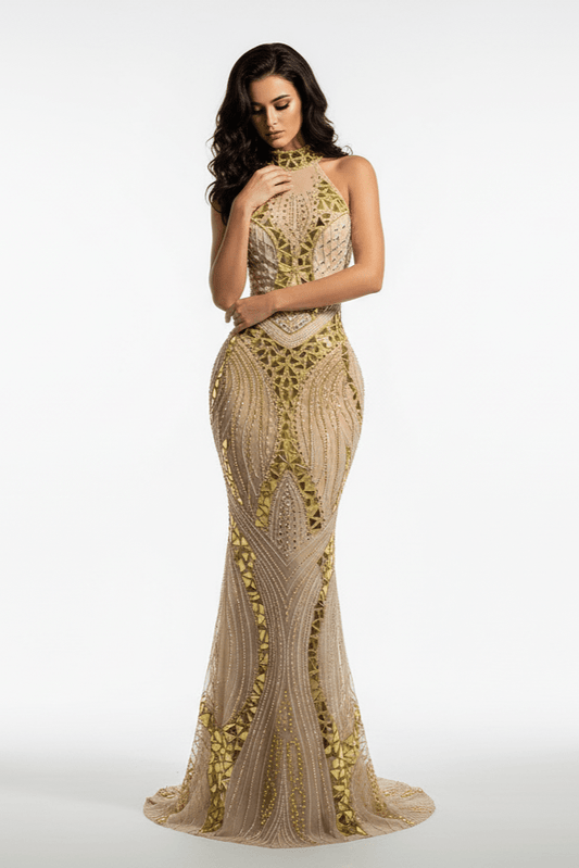 Solara Mirror Sequin Mermaid Gown by Shine | mermaid gown from Luxe Lane | SKU: W11529-1 | Barcode: | Options: Golden S(6) | Woman wearing a gold and beige evening gown on a white background