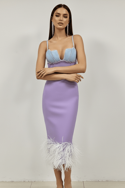 Strapless Feather Pearl Floor - Length Bandage Dress by Y&H | Party Dresses from Luxe Lane | SKU: | Barcode: | Options: Purple XS(4) | Strapless Feather Pearl Floor - Length Bandage Dress