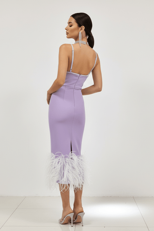Strapless Feather Pearl Floor - Length Bandage Dress by Y&H | Party Dresses from Luxe Lane | SKU: | Barcode: | Options: Purple XS(4) | Strapless Feather Pearl Floor - Length Bandage Dress