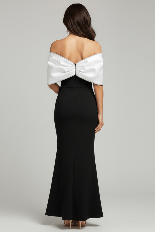 Strapless Satin Bow Mermaid Evening Gown by Y&H | mermaid gown from Luxe Lane | SKU: -1 | Barcode: | Options: Black S(6) | Strapless Satin Bow Mermaid Evening Gown