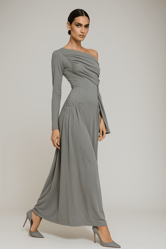 una Elégance Gown – Off Shoulder by Luxe Lane | a - line gown from Luxe Lane | SKU: | Barcode: | Options: Gray S | una Elégance Gown – Off Shoulder