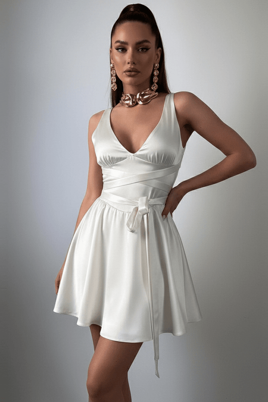V Backless Satin Mini Dress by Luxe Lane | from Luxe Lane | SKU: | Barcode: | Options: White XS | V Backless Satin Mini Dress
