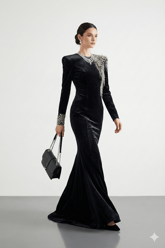 Velvet Beaded Tassel Floor - Length Evening Gown by Shine | mermaid gown from Luxe Lane | SKU: W11298-1 | Barcode: | Options: Black S(6) | Woman wearing a black evening gown with intricate detailing on a white background