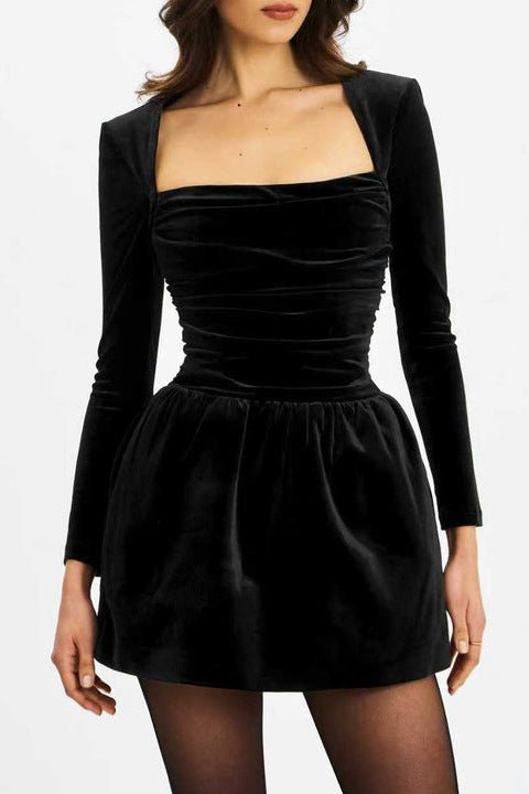 Velvet Square Neck Long Sleeve Bodycon Mini Dress by Shine | Club Dresses from Luxe Lane | SKU: -5 | Barcode: | Options: Black XS(4) | OEM Wholesale Elegant Women Party Evening Dresses Manufacturer Custom Velvet Square Neck Long Sleeve Bodycon Mini Dress