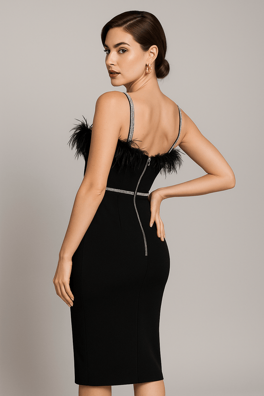 Verona Luxe Feather - Trim Strapless Crystal Bandage Dress by Luxe Lane | from Luxe Lane | SKU: | Barcode: | Options: Red XS | Verona Luxe Feather - Trim Strapless Crystal Bandage Dress