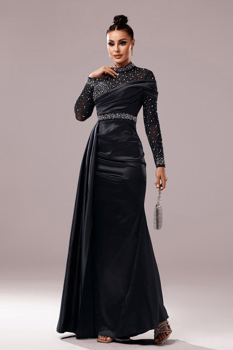 Veyra Black Sequin High Neck Evening Gown by Shine | mermaid gown from Luxe Lane | SKU: W11188-1 | Barcode: | Options: Black S | Elegant Black Evening Gown Long Sleeve Sequin Maxi Dress High Neck Mesh Top Sparkly Formal Prom Outfit Women Party Wear