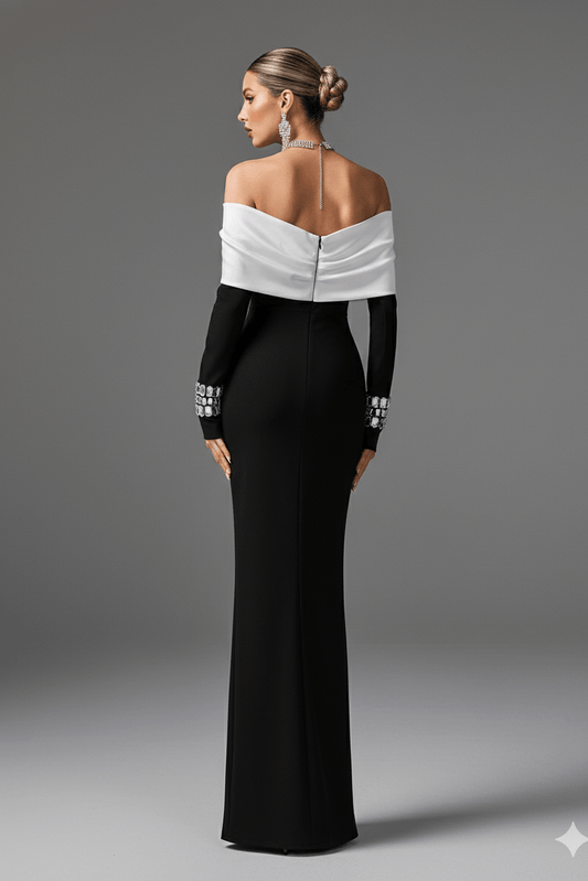 Vienna Off - Shoulder Black & White Bodycon Evening Gown by Guangdong | Party dresses from Luxe Lane | SKU: -1 | Barcode: | Options: Black S(6) | Woman wearing a black and white evening gown against a gray background