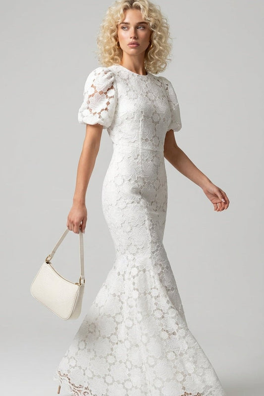 White Guipure Lace Off-Shoulder Puff Sleeve Mermaid Wedding DressWedding DressSLuxe Lane