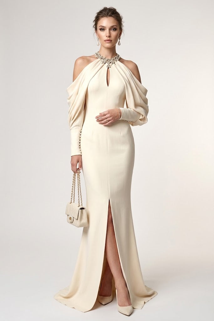 Rose Crystal Cold Shoulder Gown