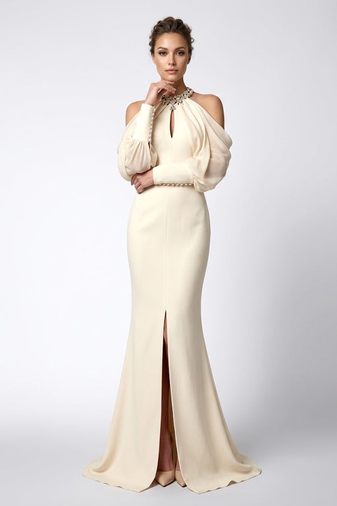 Rose Crystal Cold Shoulder Gown