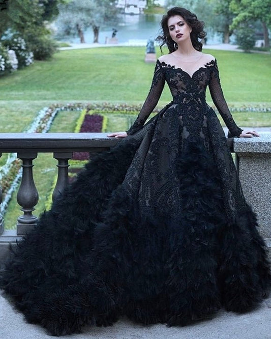 15374 Luxury Black Illusion Long Sleeves coming soonBridal Gownblack30cmLuxe Lane