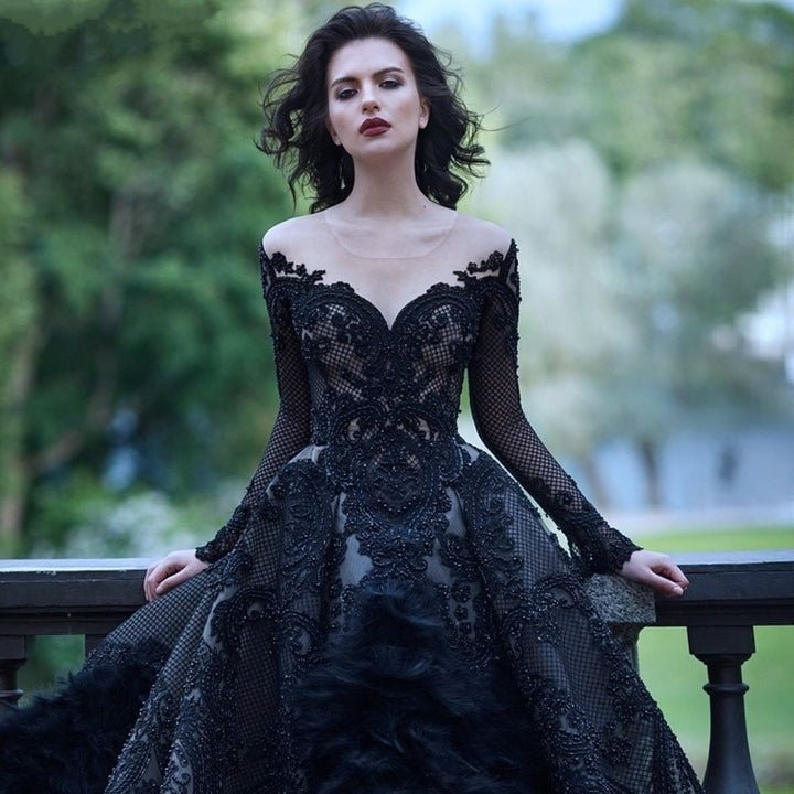 15374 Luxury Black Illusion Long Sleeves coming soonBridal Gownblack30cmLuxe Lane
