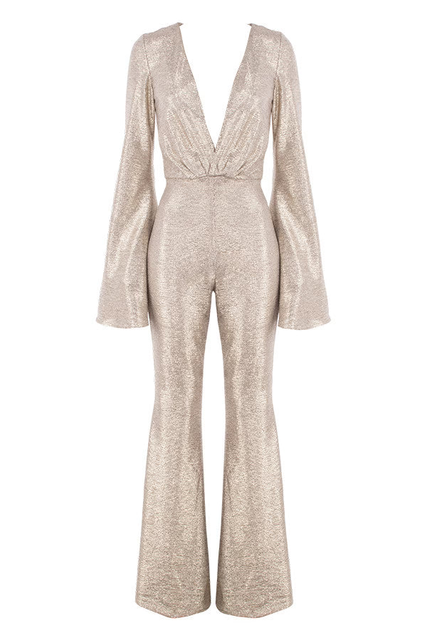 Metallic Plunge Long Sleeve Jumpsuit