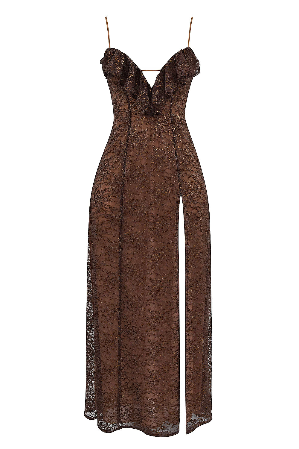 Lace Ruffled Deep V Evening Dress