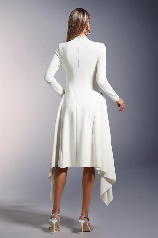 Elara Slanted Collar Ruffle Midi Dress