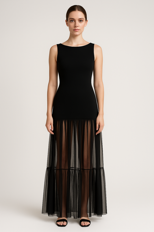 Elara Pleated Mesh Evening Gown