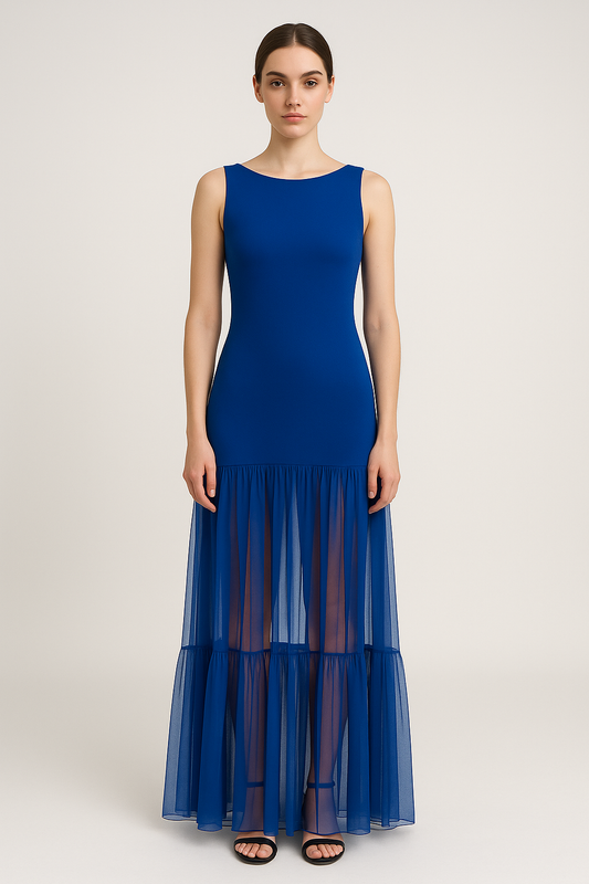 Elara Pleated Mesh Evening Gown