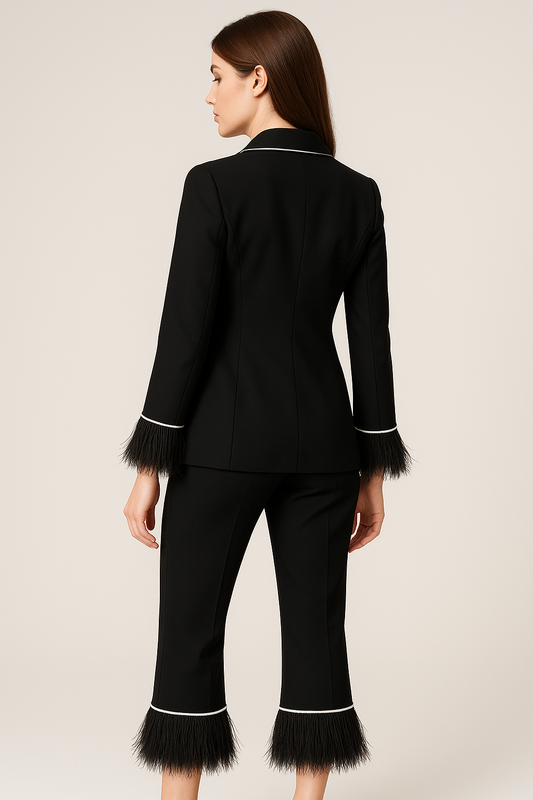 Women’s Black Satin Suit with Feathers