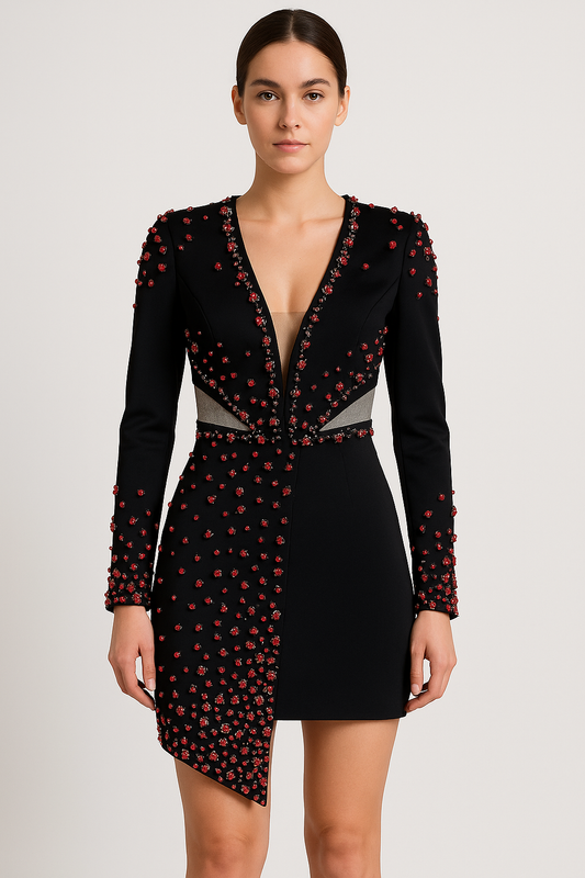 Beaded Long Sleeve Midi Dress