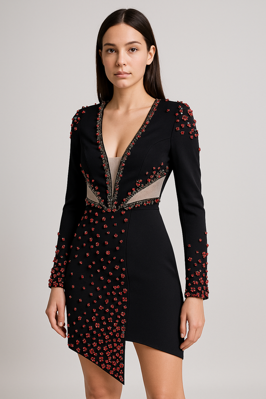 Beaded Long Sleeve Midi Dress