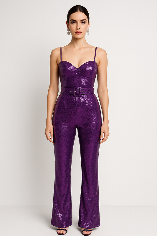 Amethyst Luxe Sequin Jumpsuit with Rhinestone Belt