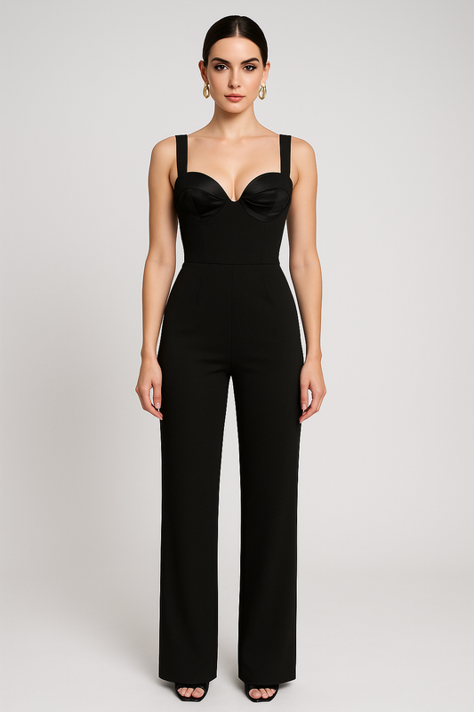 Noir Satin Suspender Jumpsuit – Luxe V-Neck Edition