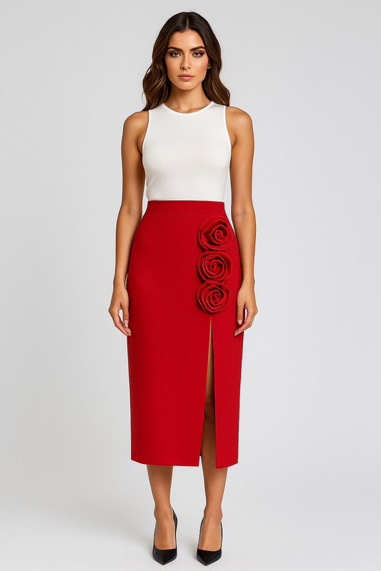 Riviera Red 3D Floral Maxi Skirt