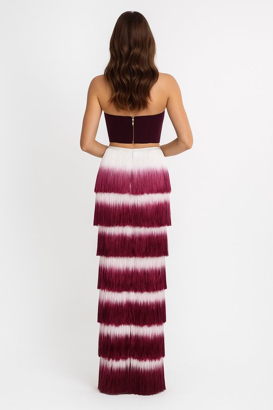 Valentina Wine Red Corset & Gradient Fringe Skirt Set