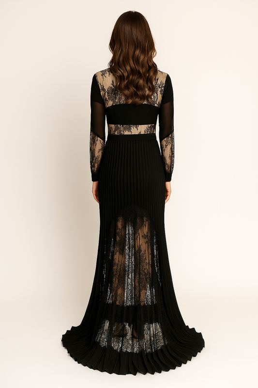 Celestia Black Lace Patchwork Pleated Maxi Evening Gown
