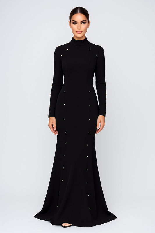 Elegant Modest Long Sleeve Black Evening Dress