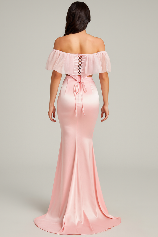 Pink Satin Off-Shoulder Mermaid Gown