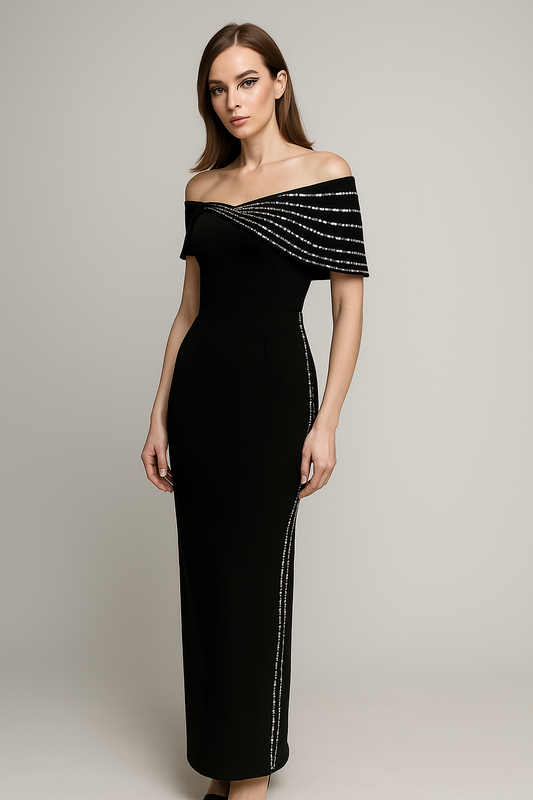 Serena Noir Off-Shoulder Rhinestone Maxi Gown