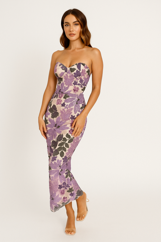 Marcelle Embroidered Strapless Mesh Gown