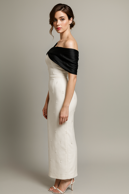 Seraphine White Beaded Off-Shoulder Gown with Black Bow