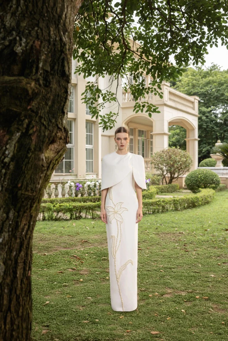 Ivory Pearl Cape Maxi Gown